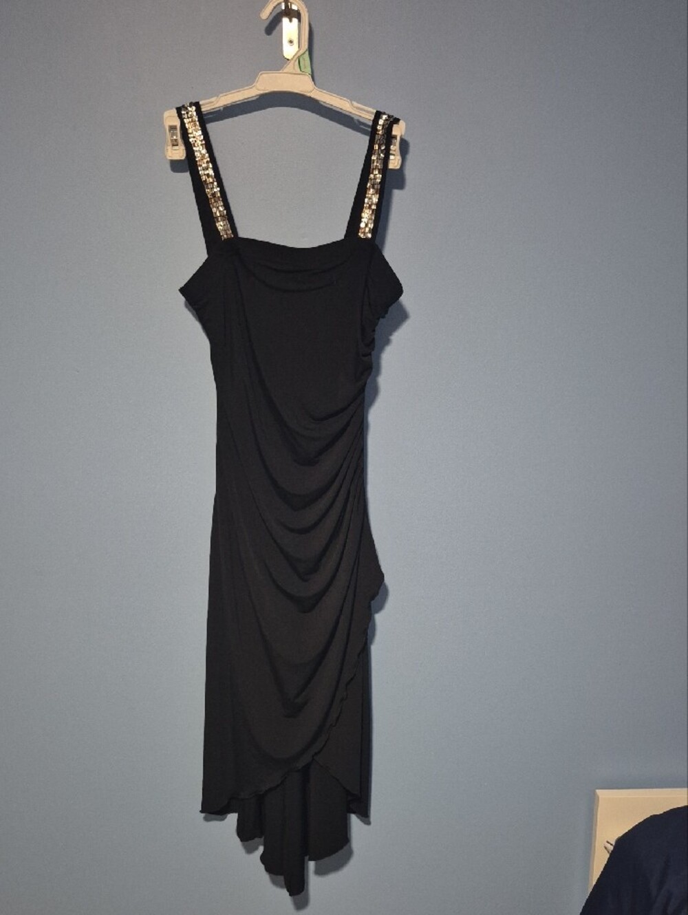 Jessica Black Ruched High-Low Dress with Embellished Straps